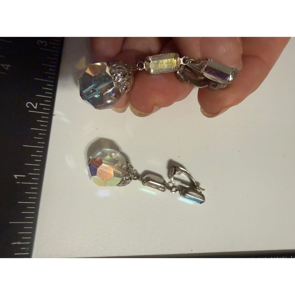Vintage Lewis Segal California Aurora Borealis Crystal Clip On Drop Earrings
